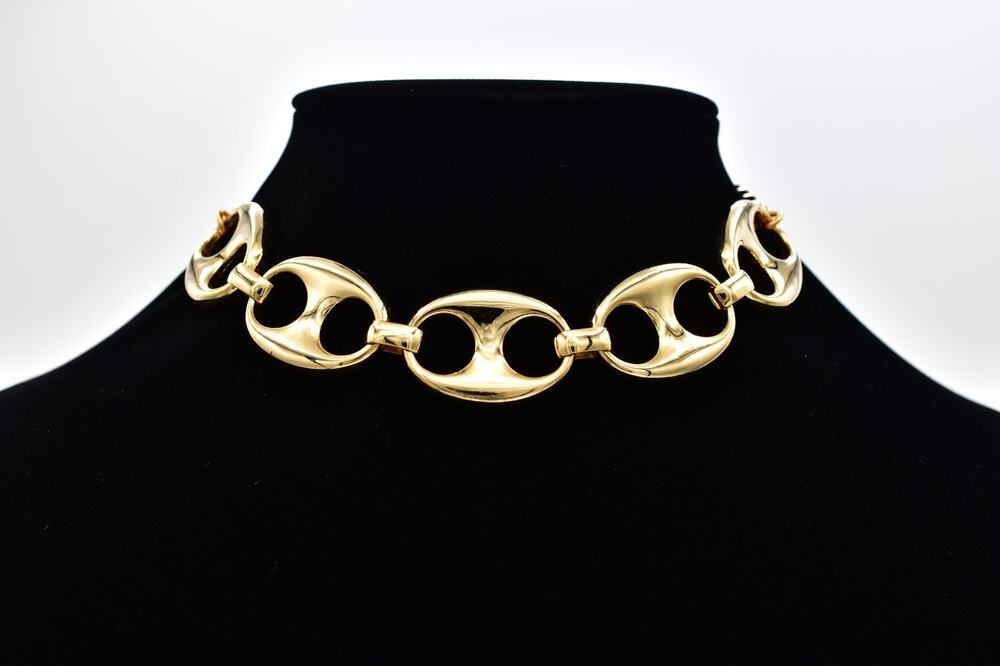 Vintage Y2K Heavy Gold Marine Link Choker Necklace Bold Chunky Wide Statement 9J